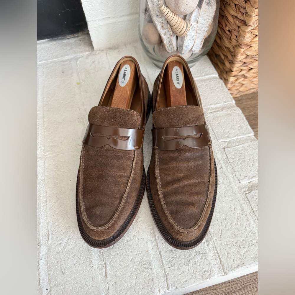 Gucci Suede Penny Loafers Brown Leather Trim Mens 40E Made In Italy Dress Shoes